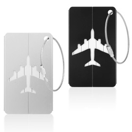 Vicloon Luggage Tag, 2 Pcs Luggage Labels Travel Suitcases Aluminium Tags, Aluminum Luggage Tag with Name ID Card for Luggage Baggage Identity ID Labels（Silver-Black）