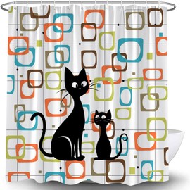 JWJAMM Mid Century Shower Curtain Modern Abstract Atomic Black Cat Squares Retro 50s Geometric Diamonds Iconic Retro White Bath Curtains with Hook,70x70 Inch