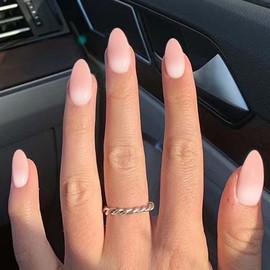 Ombre from Pink to Pearl White Nails for Gluing Medium, KXAMELIE French Almond Artificial Nails Colour Gradient Pink Nails Sticking, Reusable Natural Acrylic Nails More Durable for Women and Girls