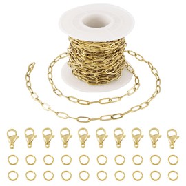 Pandahall 16.4 Ft 18K Gold Plated Paperclip Chains Stainless Steel Chains 9.7x4.2x1mm Gold Link Chains Kits with Lobster Clasps Jump Rings for DIY Bracelet Necklace Jewelry Making