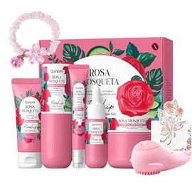 Set Facial BeauBase Rosa Mosqueta 8 Piezas con Limpiador, Tónico, Sérum y Crema, Kit de Cuidado de la Piel con Accesorios y Caja de Regalo para Mujer 