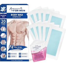 Beauty7 Men Wax Strips for Body, Ready to Use Waxing Strips, Facial Hair Removal Wax, Legs Arms Chest At Home Waxing Kit, 20 Waxing Strip 4 Calming Oil Wipes (1 SET)