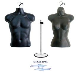 DisplayTown Black Male + Female Hollow Back Mannequin Torso Form w/ Single Metal Stand with Metal Pole, S-M Sizes