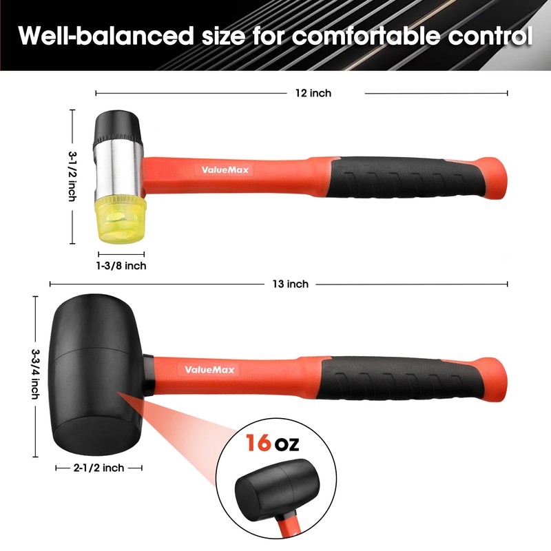 ValueMax Rubber Mallet, 16oz Rubber Mallet Hammer And 35mm Double-Faced