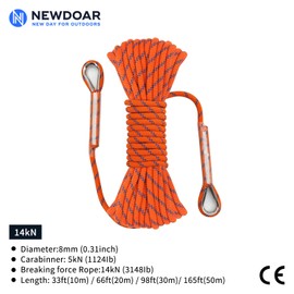 NewDoar 14KN Static Climbing Rope 8mm(5/16in) Accessory Cord Equipment 33FT(10M) 66FT(20M) 98FT(30M) 165FT(50M) Escape Rope with 2 Carabiners for Ice Climbing Equipment Fire Rescue Rope-Orange/10M