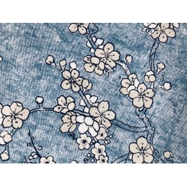 Blue Japanese Sakura Blossom Cherry Floral Twill Curtain Fabric Oriental Furnishing Material - 140cm Wide Textile (Sold by The METRE)