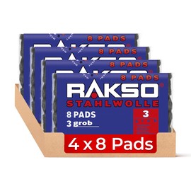 RAKSO Steel Wool Coarse 3-32 Pads - 4 x 8 Pieces Reinforced Natural Grain of Wood, Cleans Glass, Roughens Up Old Varnish, Paint