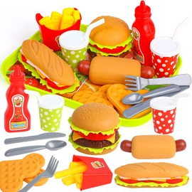 VEYLIN Pretend Play Food Set, Hamburger Fries Pizza Popcorn Toys Role Play Take Apart Educational Gift for Kids Boys Girls