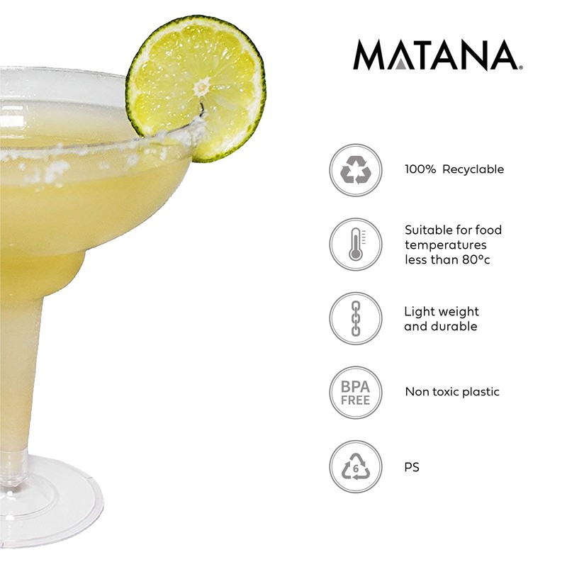MATANA - 10 Multi-Use Plastic Margarita Cocktail Glasses, Clear Daiquiri