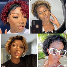 Czrleaty Pixie Cut Wig Human Hair Short Curly Lace Front Wigs Human Hair Pre Plucked Lace Front Human Hair Wig 13X1 Short Human Hair Wigs For Black Women(1B/99J)
