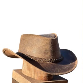 Men's Real Leather Cowboy Hats Australian Western Style Crazy Vintage Tan Outback Antique Hat with Shapeable Wide Brim