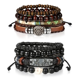 Cupimatch 8 Pcs Wrap Leather Wristbands Bracelets, Wood Beads Bracelets for Men Women Adjustable7-11
