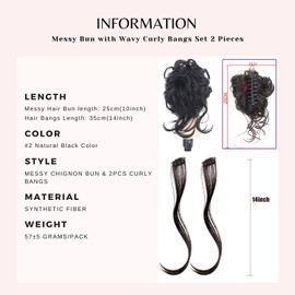 VANANGA Messy Hair Bun with Bang 2 Piece, Natural Black Synthetic Hair Claw Clip Hair Bun and Long Side Curly Air Bangs Clip in Ponytail Hair Piece Hair Bun & Bangs for Women(#2)