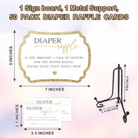 Golden Diaper Party Game Set, 50 Pcs Diaper Raffle Tickets, 1 Wooden Sign & 1 Iron Stand, Gender Neutral Baby Shower Game Kit For Boys & Girl, Newborn Baby, Party Favor & Supplies - A01