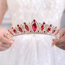 JWICOS Crystal Tiara with Comb for Women Queen Crown Wedding Bridal Party (Red)