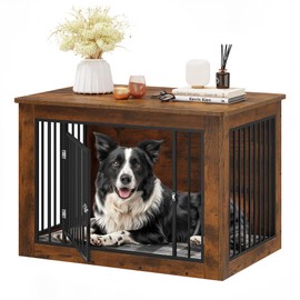 YITAHOME Dog Crate Furniture for Large Dogs, Side End Table, Modern Dogs Kennel Indoor up to 60 lb, 2-in-1 Iron-Wood Fusion Dog Cage with Waterproof Top, Safety Corners, Steel Lock,38"L, Rustic Brown