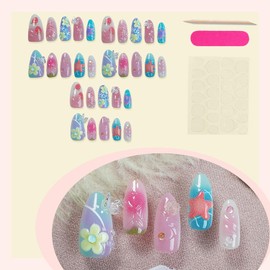 30Pcs Cute Press on Nails Medium Almond Fake Nails with 3D Flower Butterfly Rhinestones Designs Strawberry Starfish Glue on Nail Summer Floral False Nail Full Cover Stick on Nails for Women