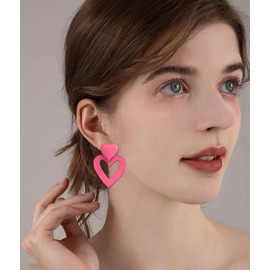 AVYRING Pink Earrings Heart Earrings Big Heart Dangle Earrings Hot Pink Earrings for Women Pink Statement Earrings Valentine's Day Earrings