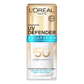 L'Oréal Paris UV Defender Aquafusion Protector Solar Diario FPS50+, Protector Solar Aqua-Gel, Previene Manchas Solares y Arrugas, Absorción Rápida en 3 Segundos, 50ml