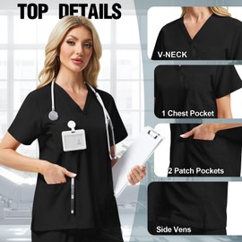 Geyoga 2 Pack Scrub Sets for Women V Neck and Jogger Scrub Pants Stretch Nurse Scrub Set with 6 Pockets (Black,XL)