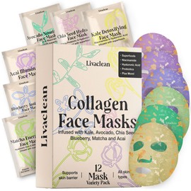 LivaClean 12 CT Face Masks Skincare - Collagen Sheet Mask - Hydrating Face Masks Bulk with Glycerin, Hyaluronic Acid, Aloe Vera - Soothing, Refreshing, Moisturizing Formula for All Skin Types