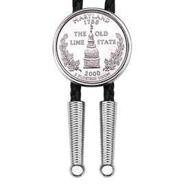 US 2000 Maryland State Quarter BU Uncirculated Coin Simple Silver Slide Bolo Tie NEW - 36" Black Leatherette Cord