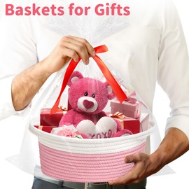 Yeeeasy Small Woven Basket with Gift Bags and Ribbons Cute Baskets for Gifts Empty 12"x8"x5" Small Rope Toy Basket for Babies Baskets for Storage, White & Pink