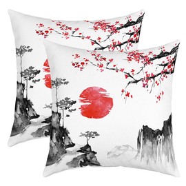 Japanese Ukiyoe Cherry Blossoms Red Sun Pillow Cover - Sofa Cushion With Zipper 50x50cm - Exotic Ink Japanese Style Decorative Couch Cover for Bed Garden