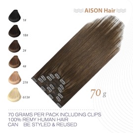 Clip in Hair Extensions 70G Medium Brown 100% Remy Human Hair Extensions Straight 7pcs 16clips for Women(22 Inch #4)