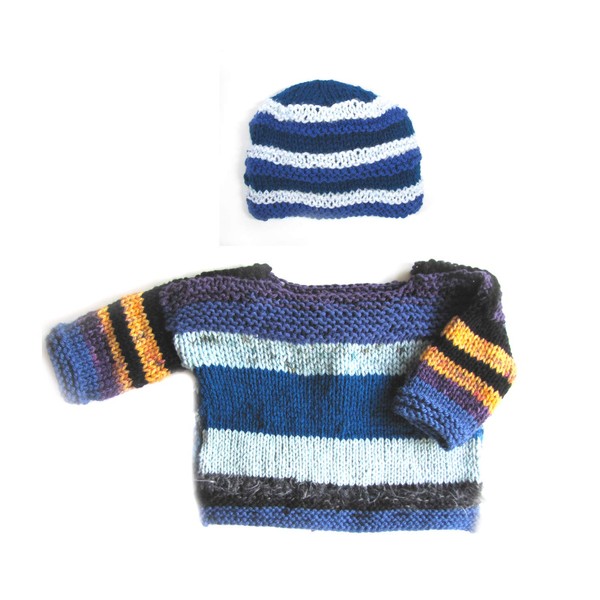 KSS Handmade Knitted Blue Acrylic/Cotton Pullover Baby Sweater & Hat