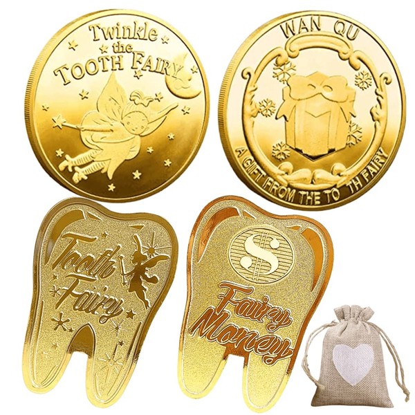 YOGOTI Tooth Fairy Coin Tooth Fairy Gold Coins Variety Teeth Fairy Tooth Fairy Commemorative Tooth Replacement Coins for Kids 4 Pack with Drawstring Bag
