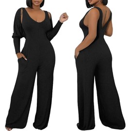 CALEBGAR Women's Casual 2 Piece Outfits Ribbed Knitted Batwing Long Sleeve Cardigan Tank Wide Leg Jumpsuits Sets With Pocket
