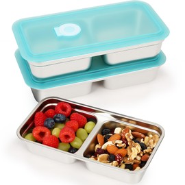YQL 3 Pack Stainless Steel Snack Containers with Lids, Double Compartment Snack Box for Lunch Prep, Reusable Leakproof Bento Box, Food Storage Containers for Travel, Office, Camping