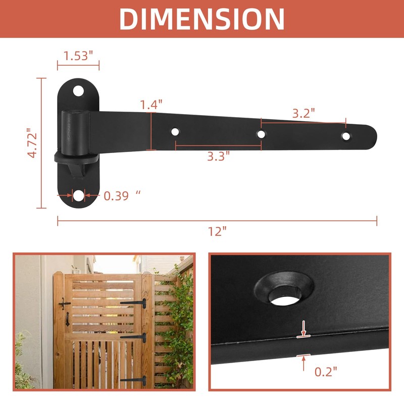 4 Pack Heavy Duty T Gate Hinges, 12inch Strap Gate