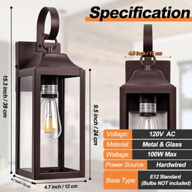 Yolsunes 2 Pack Outdoor Light Fixtures Wall Mount, 15 Inch Oil Rubbed Bronze Exterior Wall Sconces Waterproof, Large Outside Lights for House, Modern Wall Lanterns Clear Glass