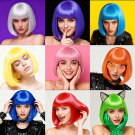 Short Bob Wigs and Heart Sunglass Set Colored Wigs for Women Men Bachelorette Christmas Daily Costume Party Decorations, Neon Wigs with Free Wig Cap Natural As Real