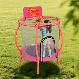 OLAKIDS 48’’ Trampoline for Kids, Outdoor Indoor Toddler Trampoline with Safety Enclosure Net Basketball Hoop Anti-Slip Foot Pads Zippered Door, Baby Recreational Trampolines Gift for Backyard