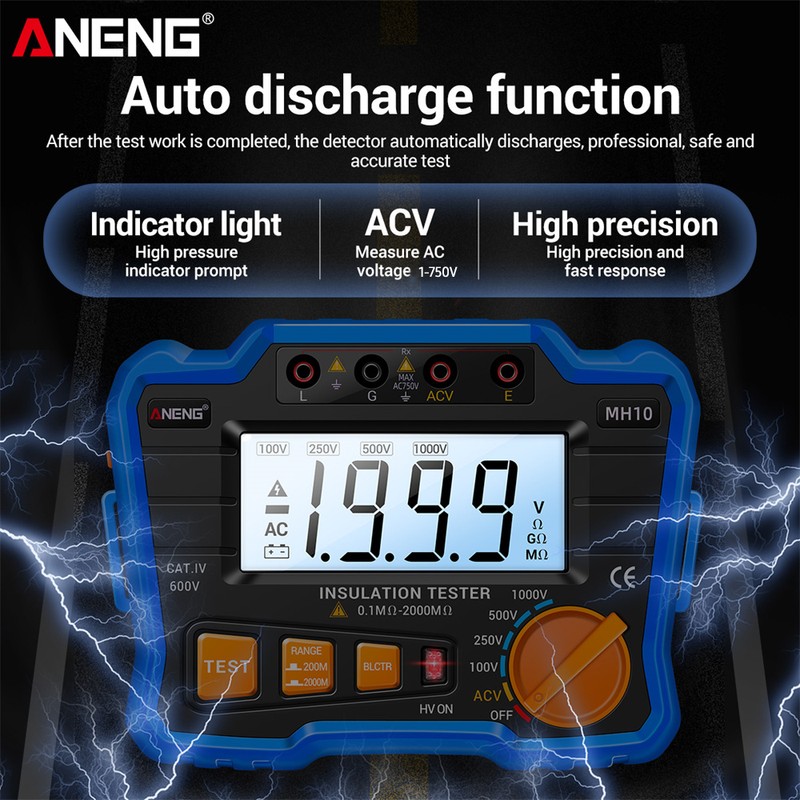 Insulation Resistance Tester 100V/ 250V/ 500V/ 1000V Resistance Tester with