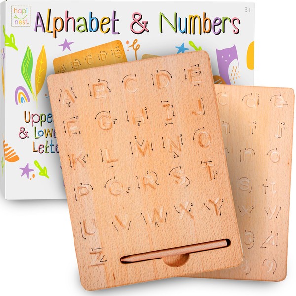 Hapinest Wooden Alphabet and Number Handwriting Tracing Board for Kids | Learn to Write Letters and Numbers for Homeschool Preschool and Kindergarten