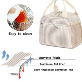 LEDAOU Insulated Lunch Box Women Reusable Lunch Bag Cord Lunch Tote Handbags Leakproof Thermal Cooler Lunch Case Large Capacity (Khaki Stripes)