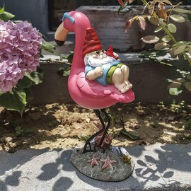 Jy.Cozy Gnome Garden Statue Funny Gnome Reclining on Flamingo Dwarf Figurines Resin Garden Gnomes Fall Decorations Outdoor for Patio Yard Lawn Porch Housewarming Ornament Gift