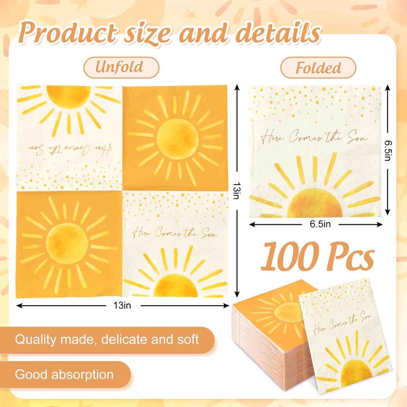 JarThenaAMCS 100Pcs Boho Sun Paper Napkin Double-Sided Disposable Sunshine Baby