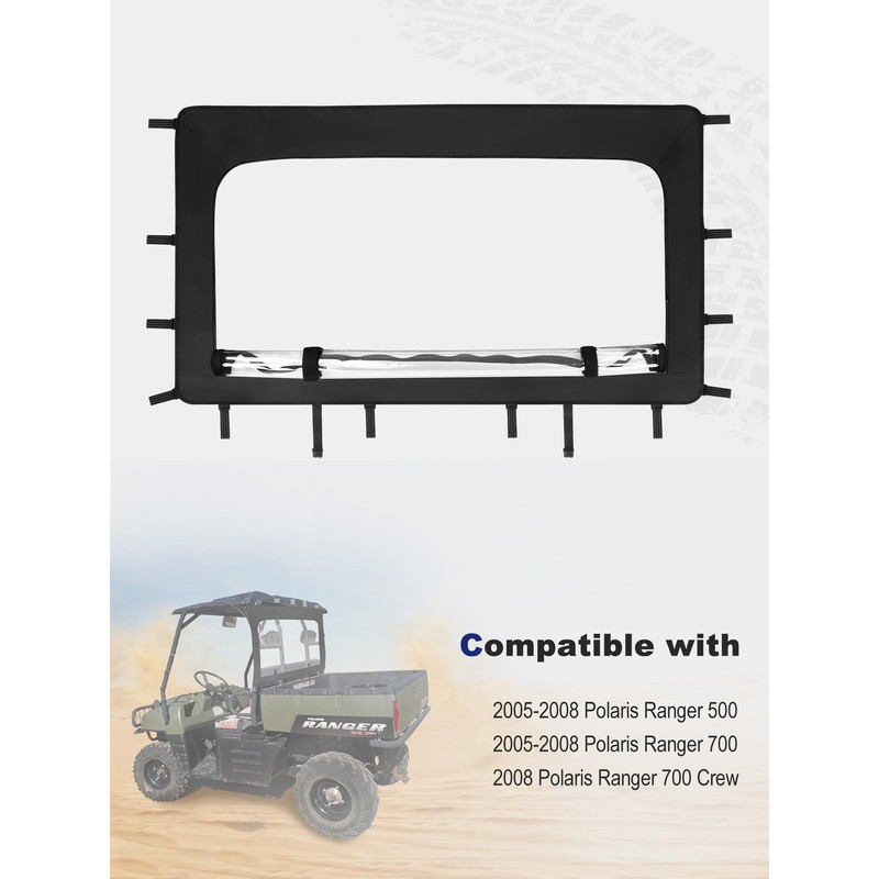ZIDIYORUO UTV Rear Soft Windshield for 2005-2008 Polaris Ranger 500/700/Crew