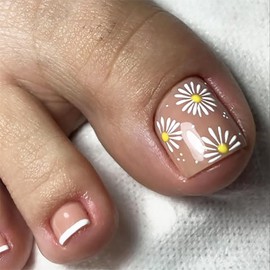 24pcs Flower Press on Toenails Short Square White French Tip Fake Toenails Summer Daisy False Toenails Glue on Nails Full Cover Toe Nail Tips Floral Stick on Nails for Women Nail Decoration