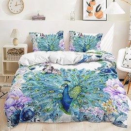 HAVOP Peacock Duvet Cover Set Single Size 3D Bedding Set Spread Tail Peacock With Flowers Print Comforter Cover Kids And Adults Bedroom Decor