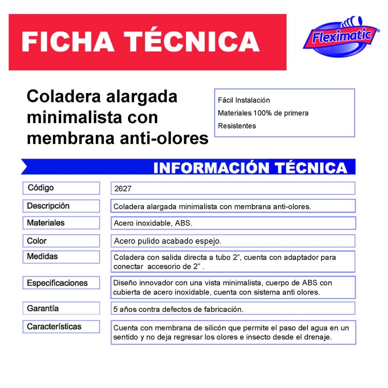 Fleximatic 2627 Coladera alargada minimalista, rejilla de acero inoxidable, con