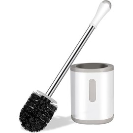 Compact Toilet Brush & Holder, Stainless Steel Handle, Space Saving for Storage, Deep Cleaning, Drip-Proof, Easy to Assemble, Nylon Bristles, White & Grey
