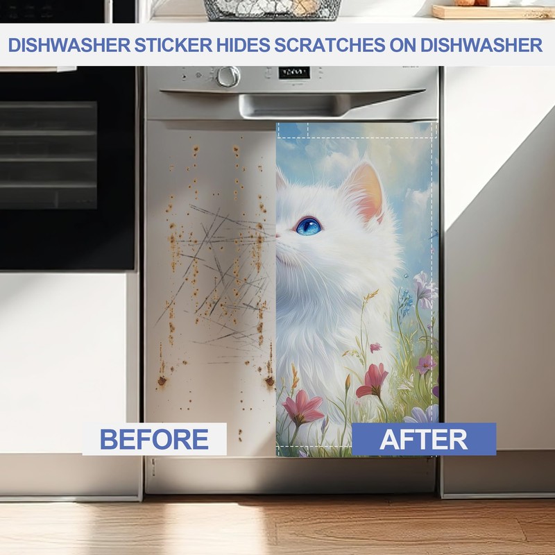 Cute White cat Dishwasher Magnet Cover,Front Dishwasher Cover Decoration Reusable