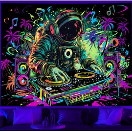 TUGCAY Blacklight Astronaut Tapestry, UV Reactive Funny DJ Music Tapestry Trippy Hip Hop Coconut Tree Galaxy Space Wall Hanging Tapestries Decor for Home 59.1in x 51.2in
