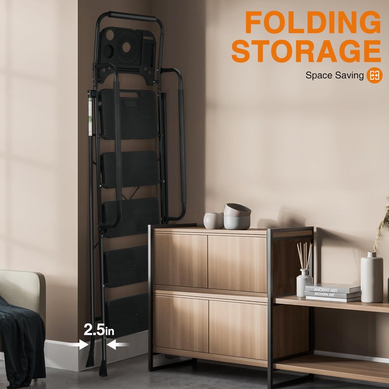 5 Step Ladder, Protable Steel Folding Stool with Wide Anti-Slip
